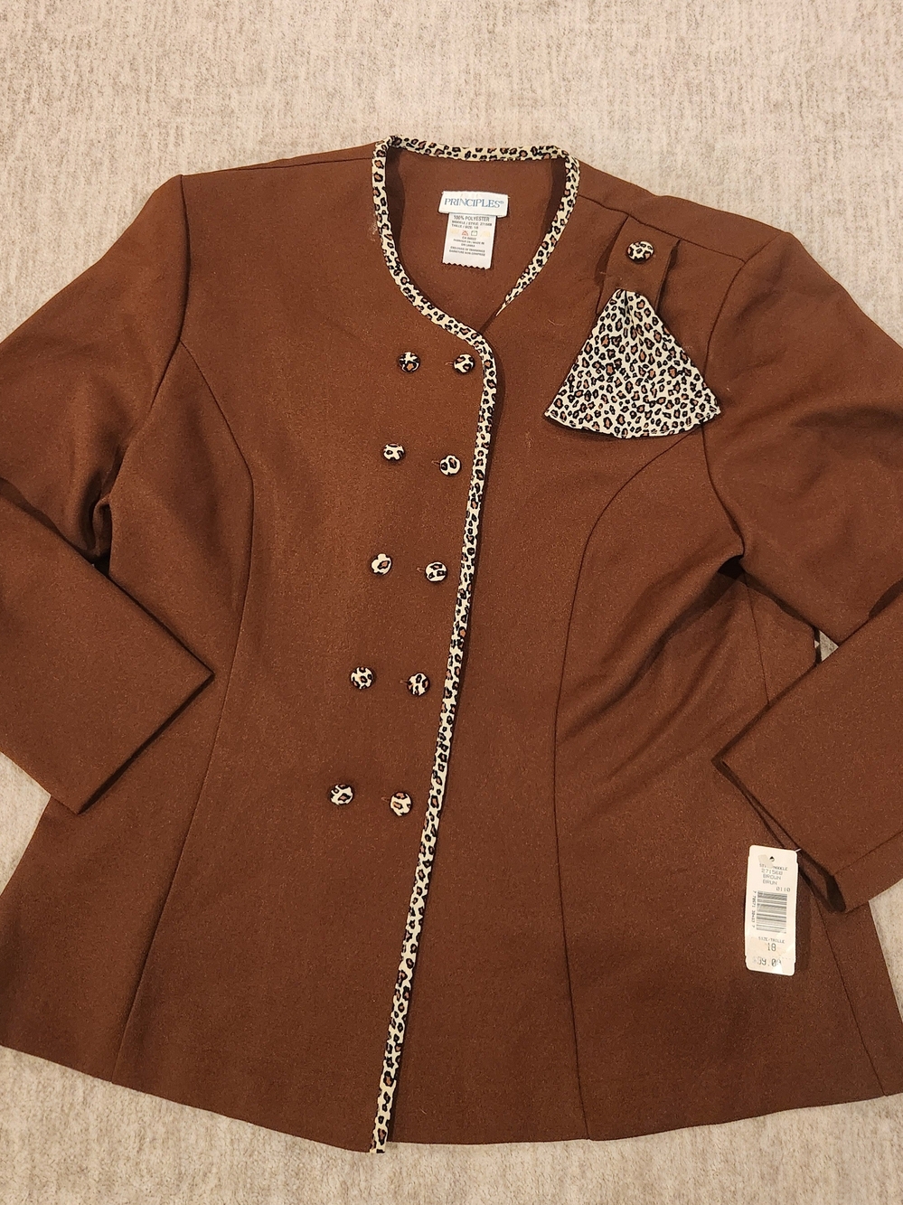 Vtg Principles Brown Blazer Jacket Leopard Cheetah Trim NWT 90s Mob Wife Formal
